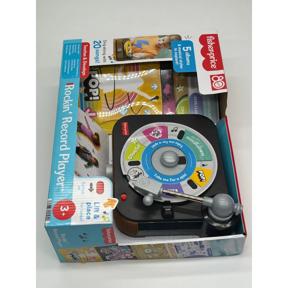 Fisher-Price Rockin Record Player‎ HXX58 Kids Musical Toy with 5 Albums 20 Songs